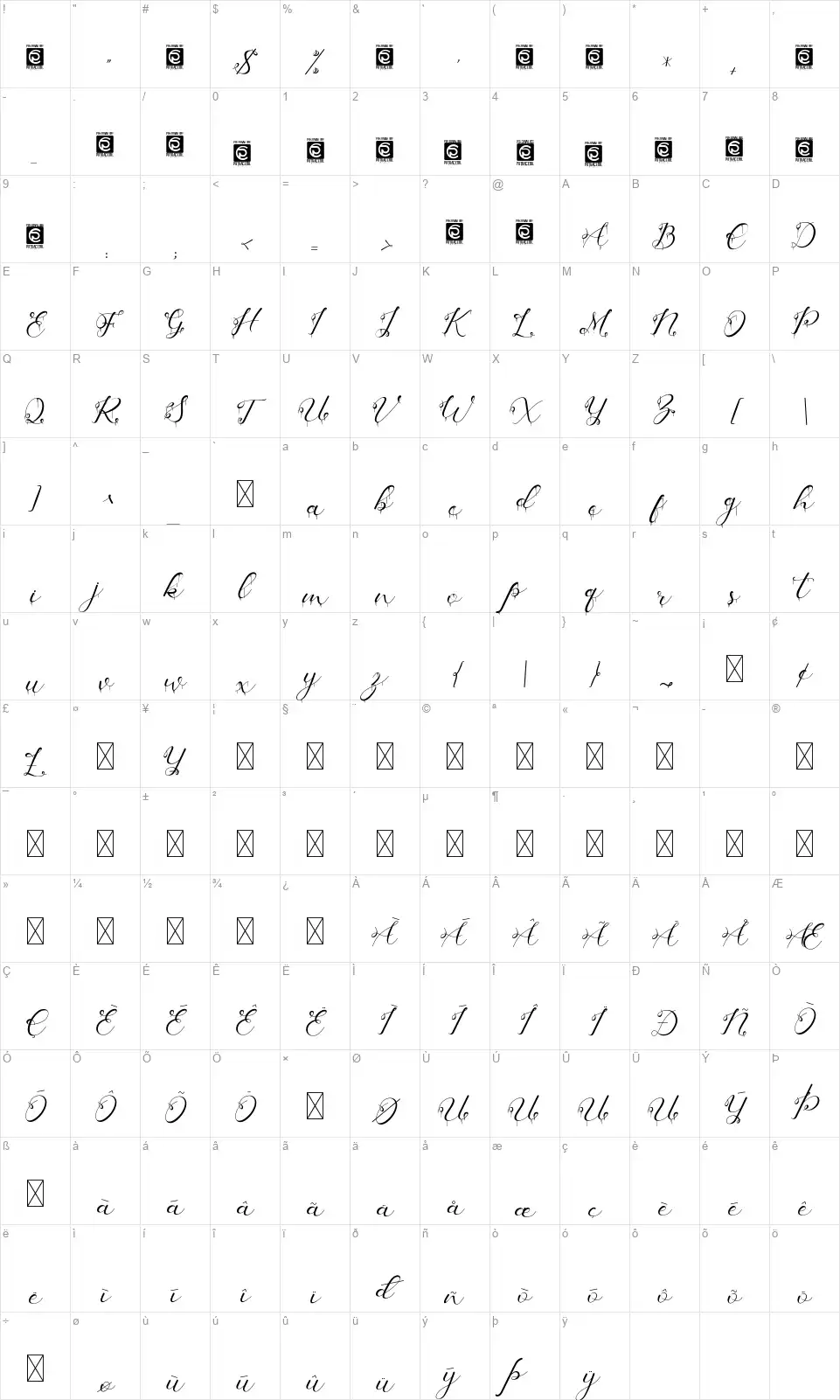 Grimscyfont character map