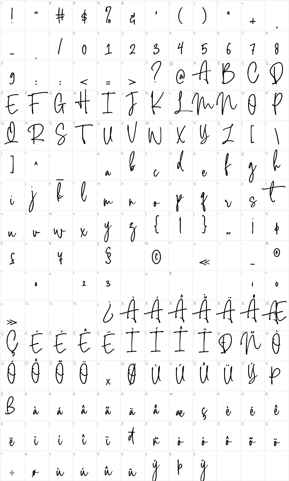 Hastery Signaturefont character map