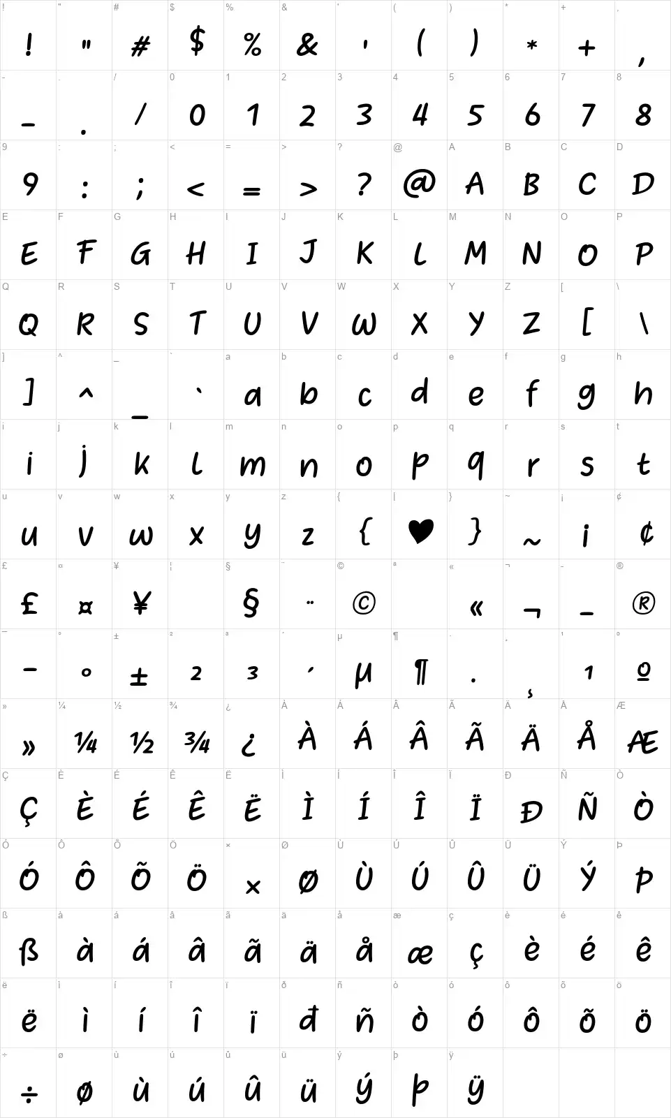 Heart Warmingfont character map
