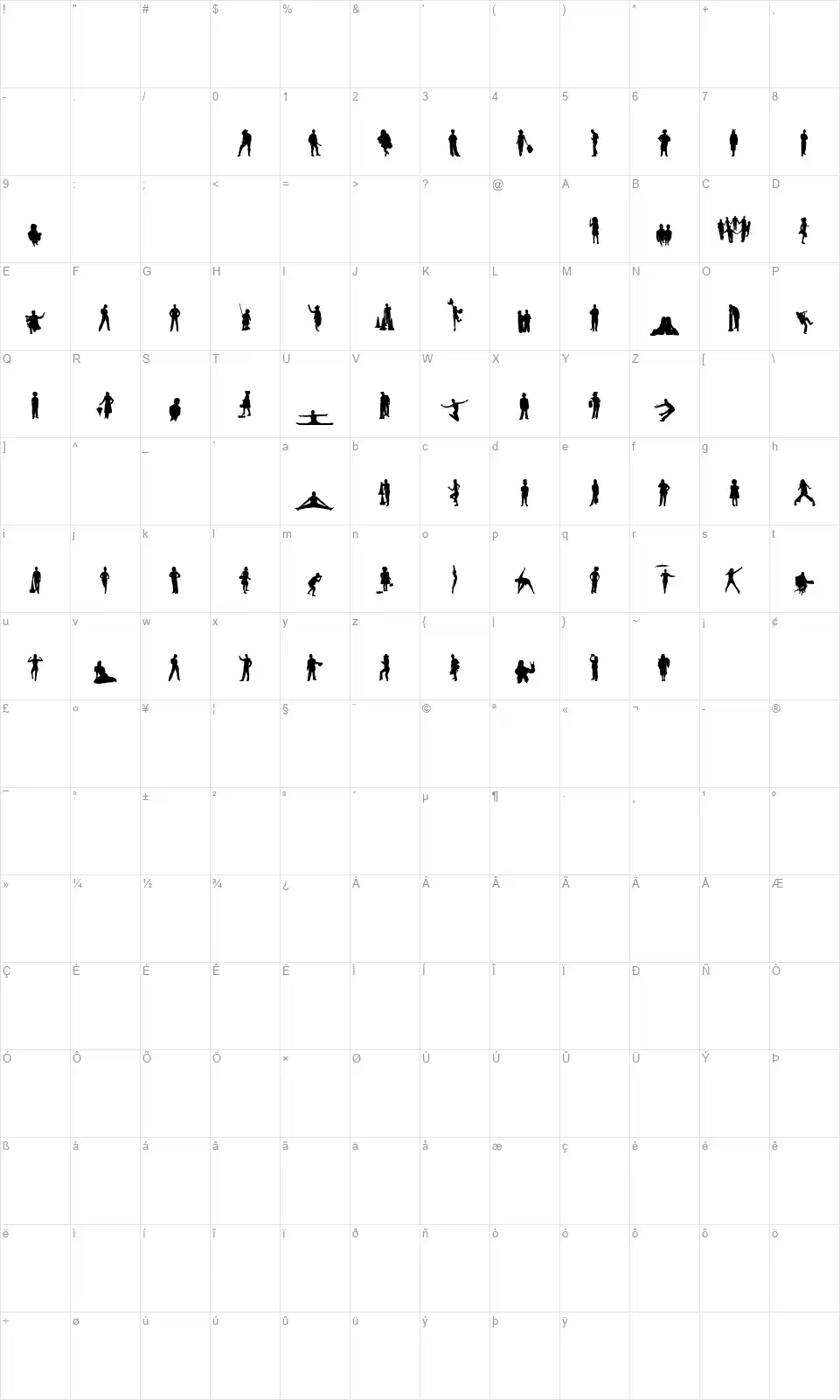 Human Silhouettes Fivefont character map