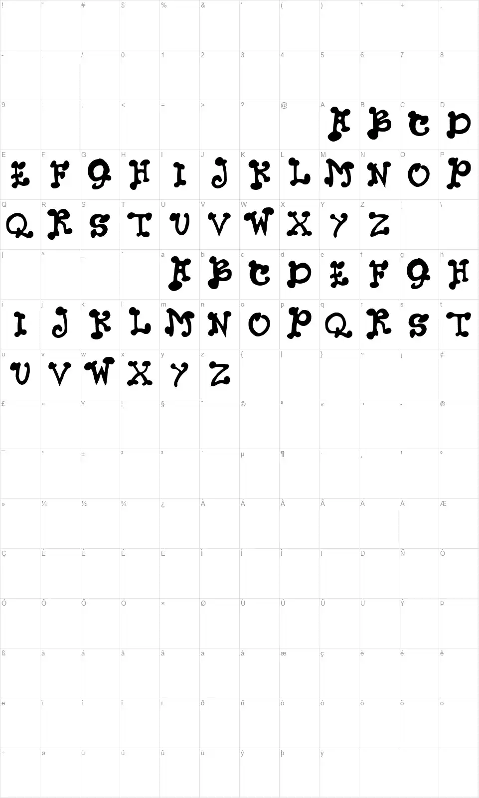 JMH Pets Capsfont character map