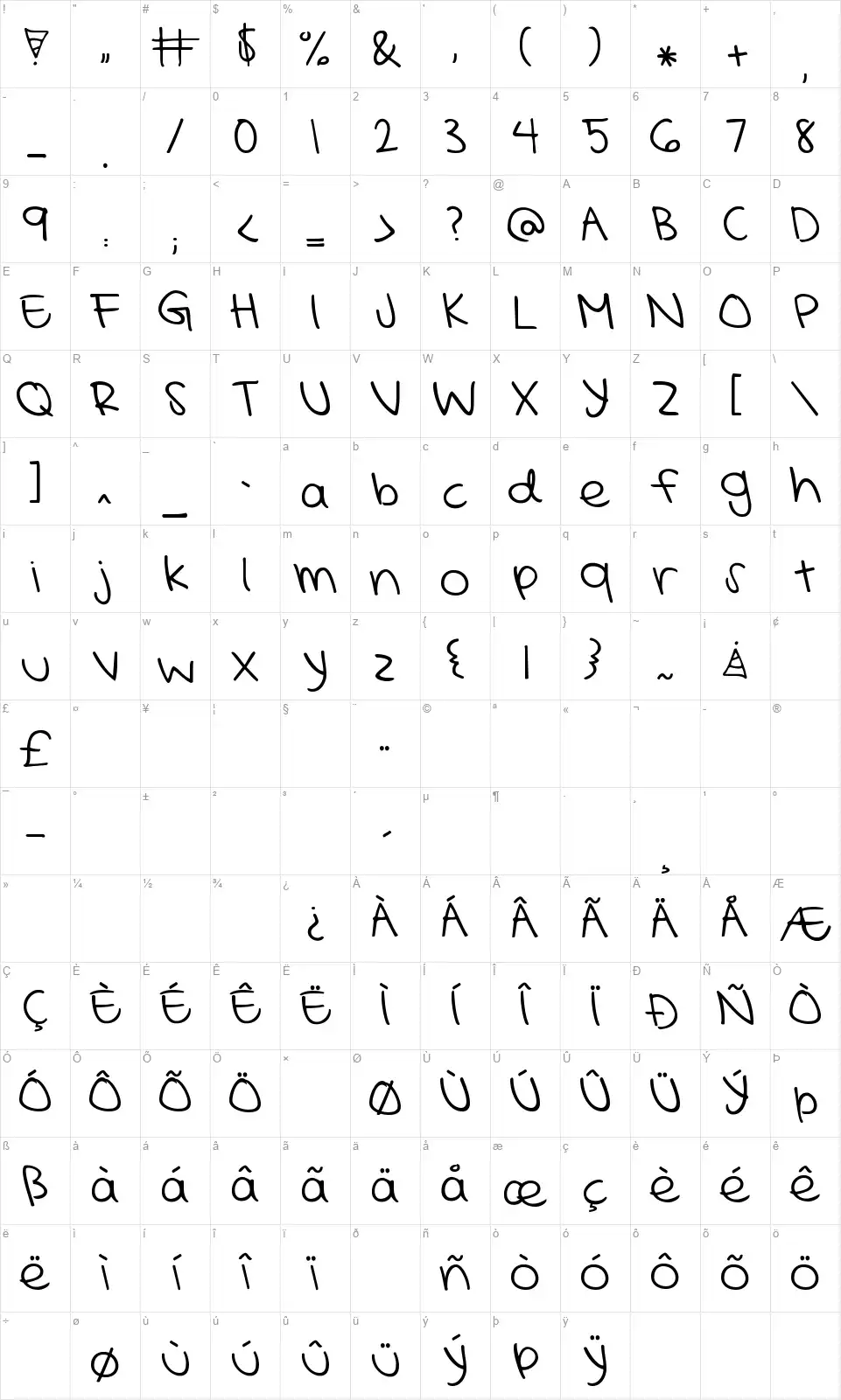 KG Mercy in the Morningfont character map