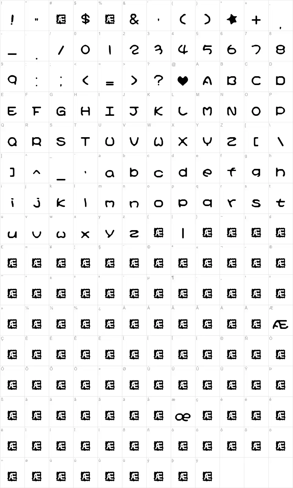 Kirby No Kira Kizzufont character map