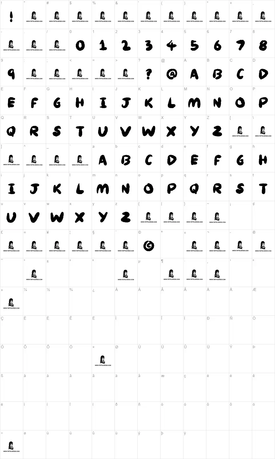 Knackersfont character map