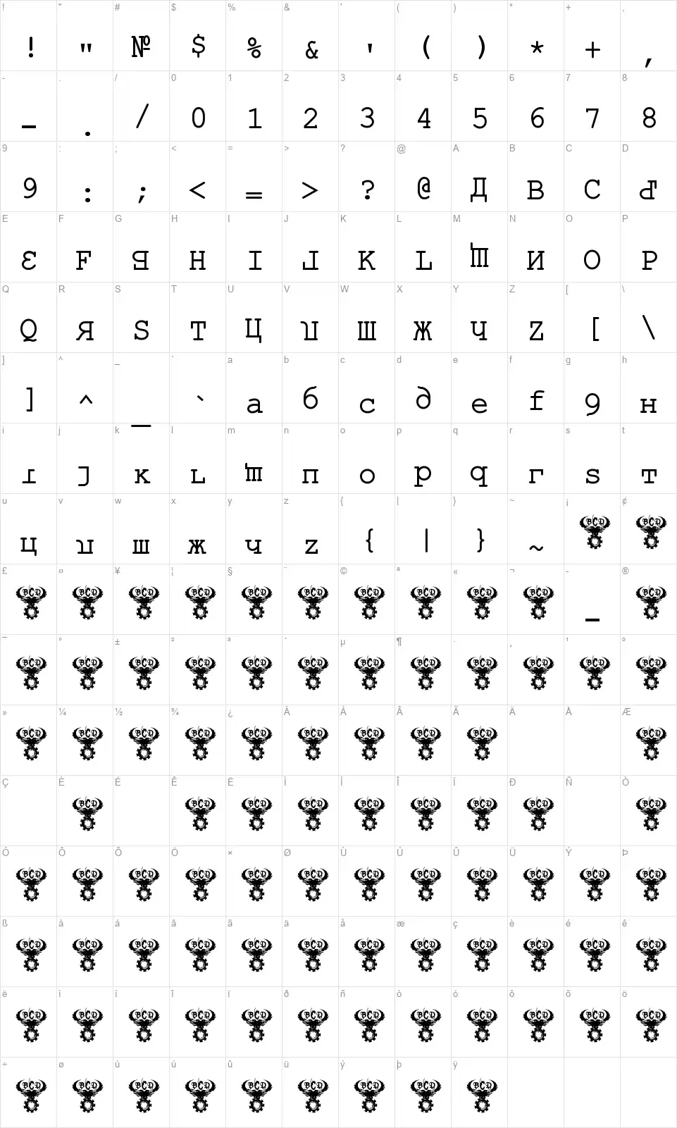 Kremlin Kourier IIfont character map