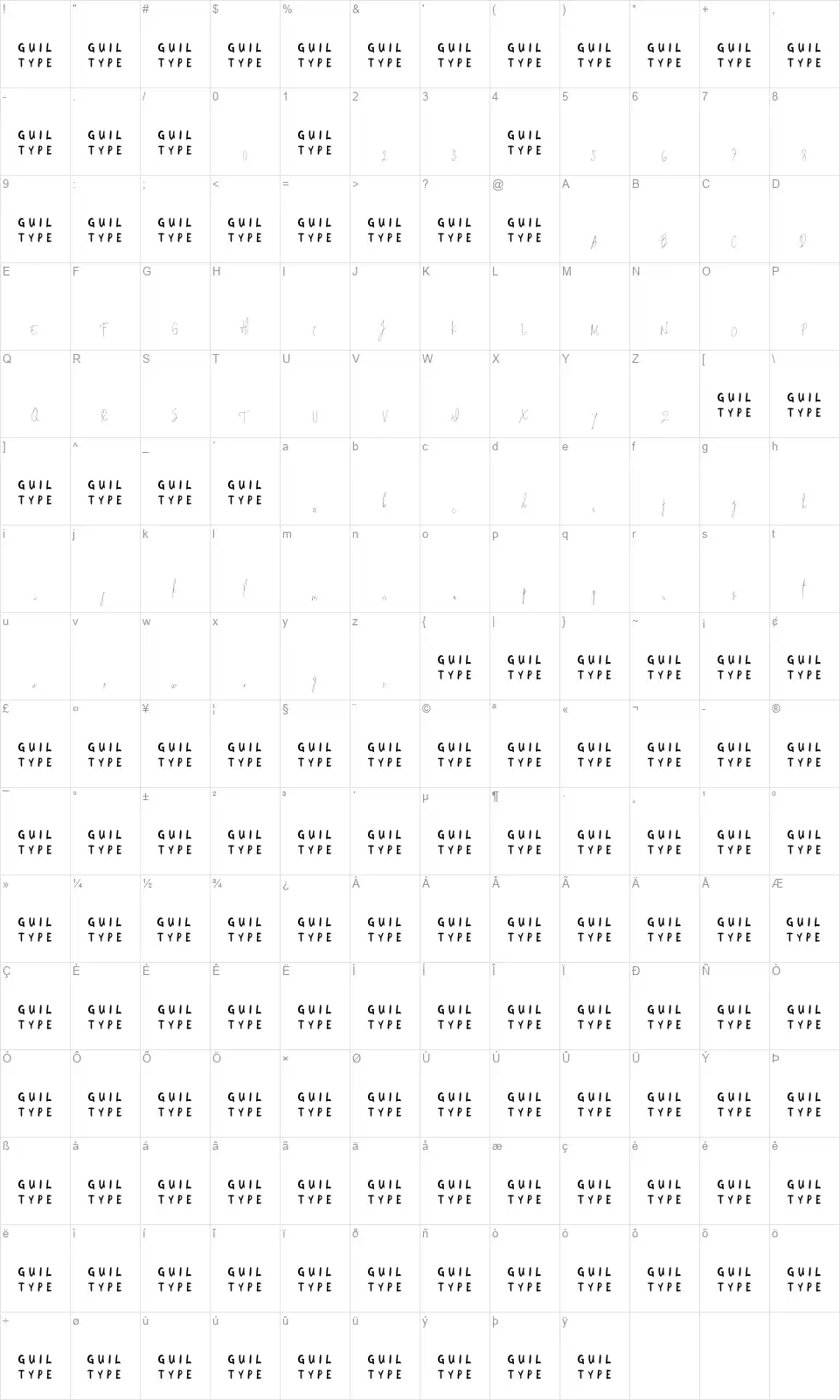 La Angelinafont character map