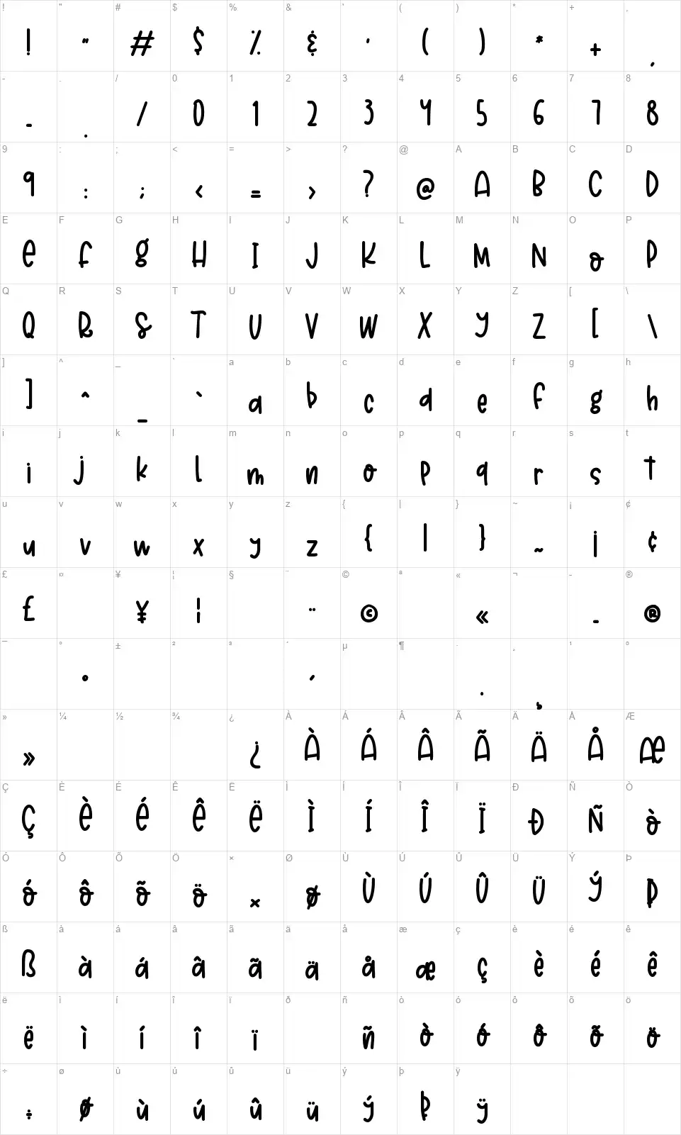 Lemon Crushfont character map