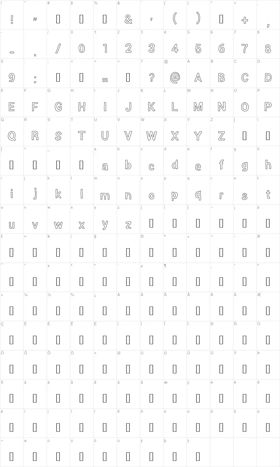 Lightheadfont character map