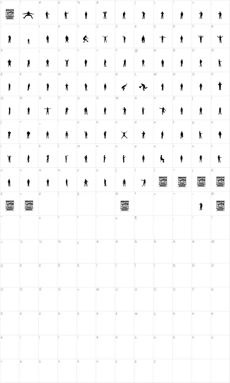 Man Silhouettesfont character map