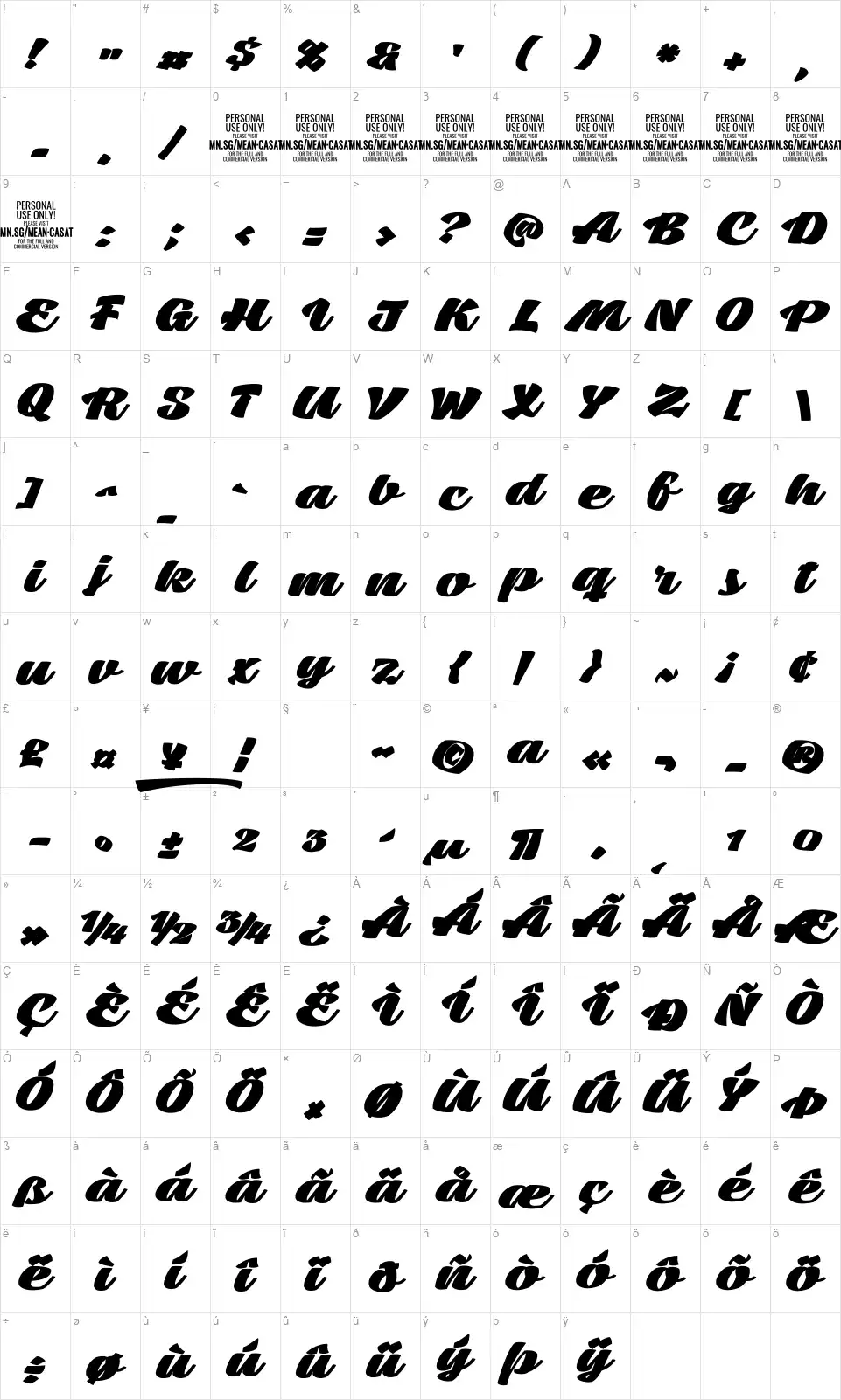 Mean Casatfont character map