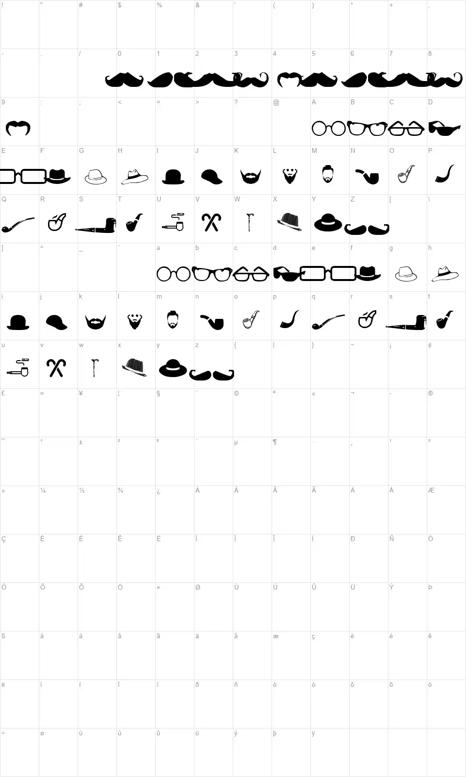 Men's Clothingfont character map