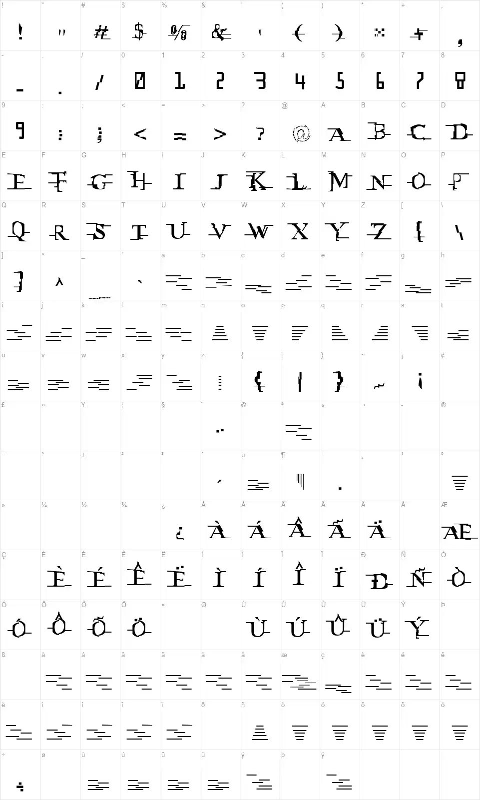 Miltownfont character map