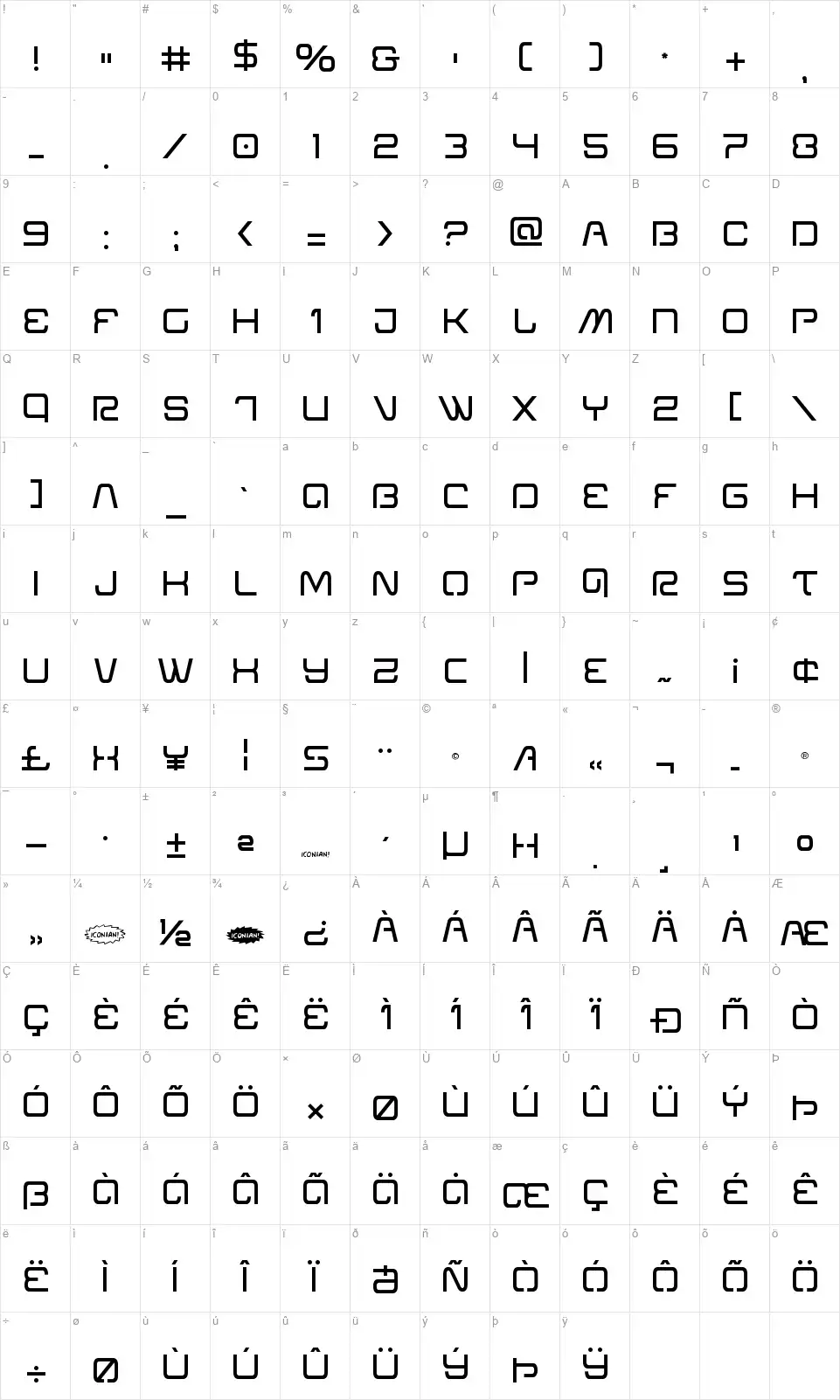 Miracle Mercuryfont character map