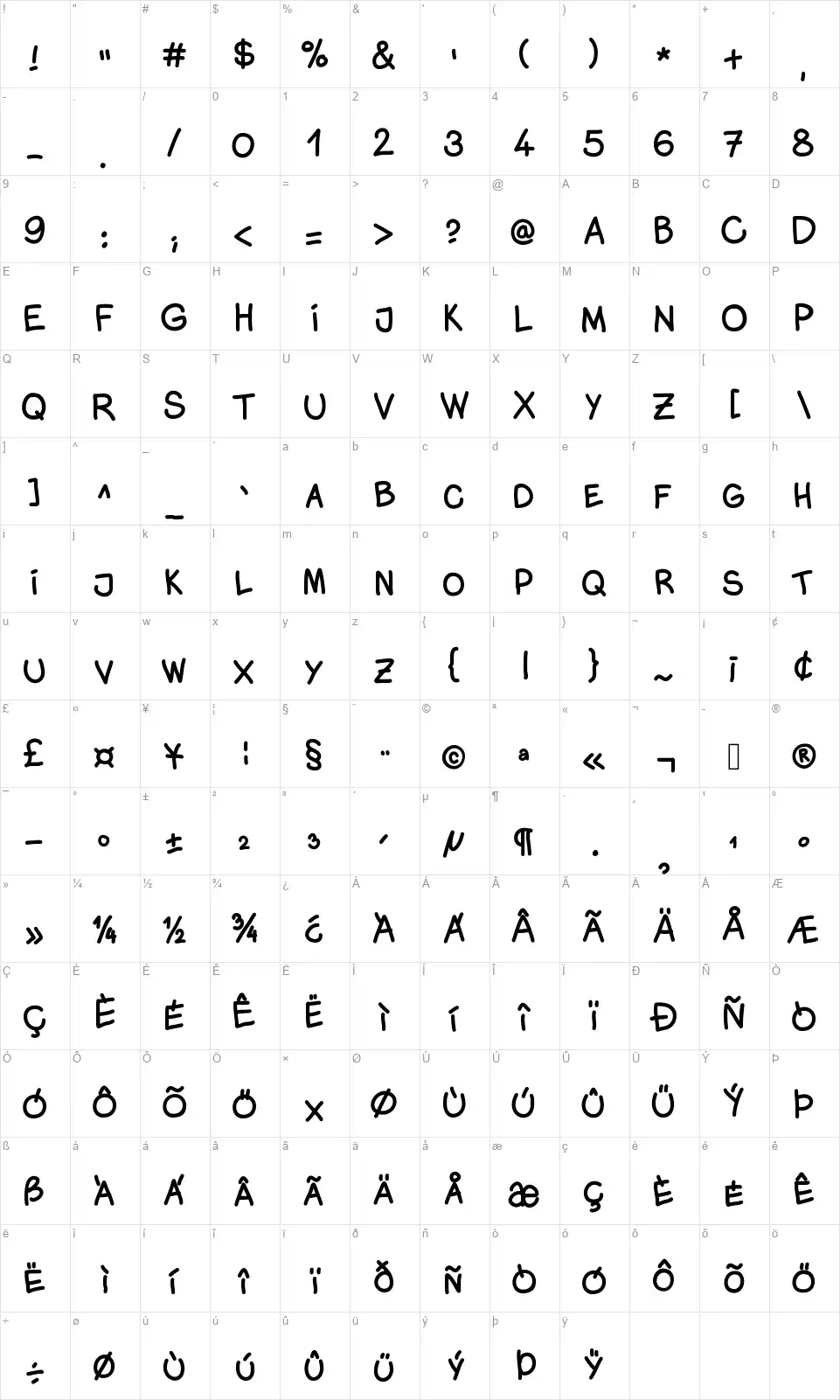 Monicacomicfont character map