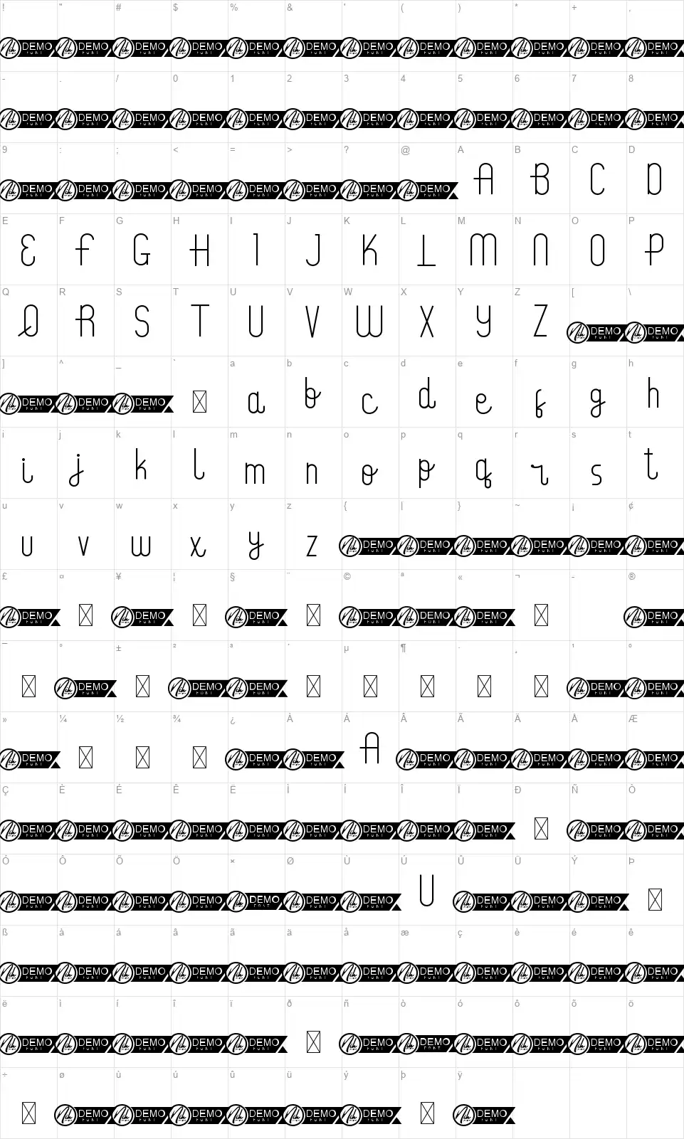 Monofilfont character map