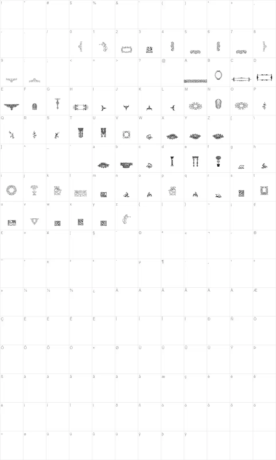 Mortised Ornaments Free Twofont character map