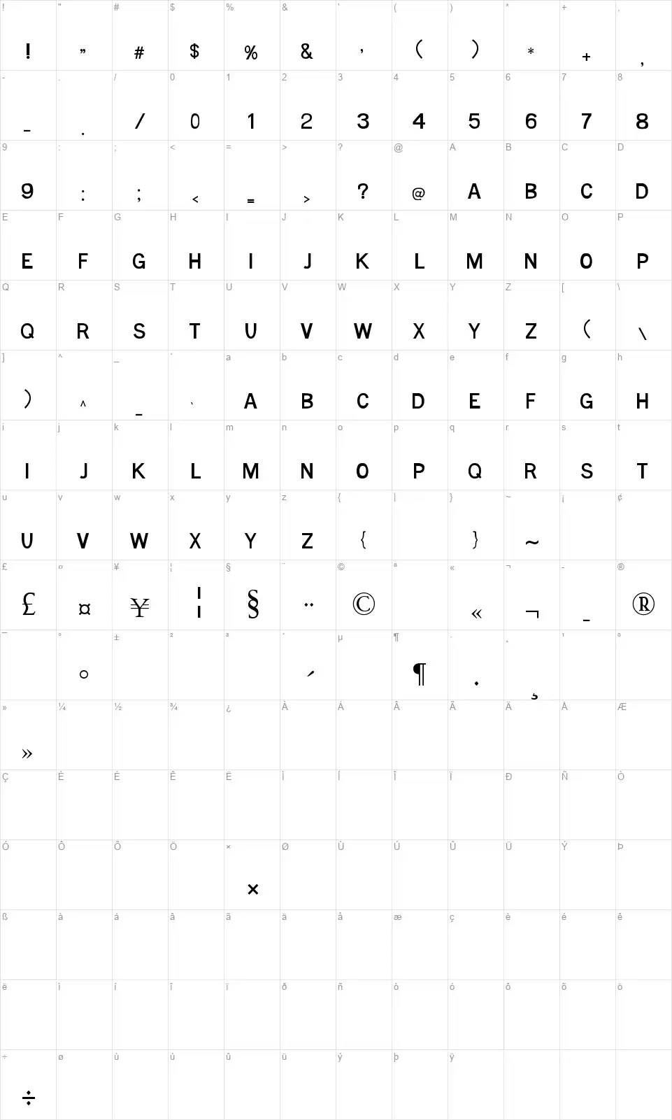MTF Basefont character map