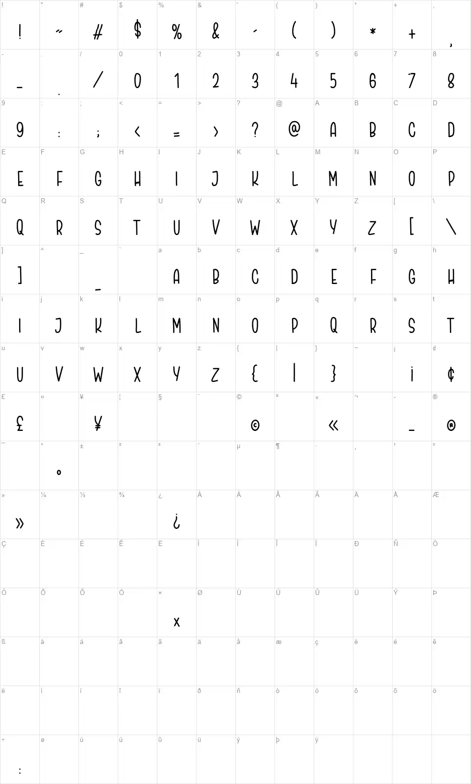 Nightjumpfont character map