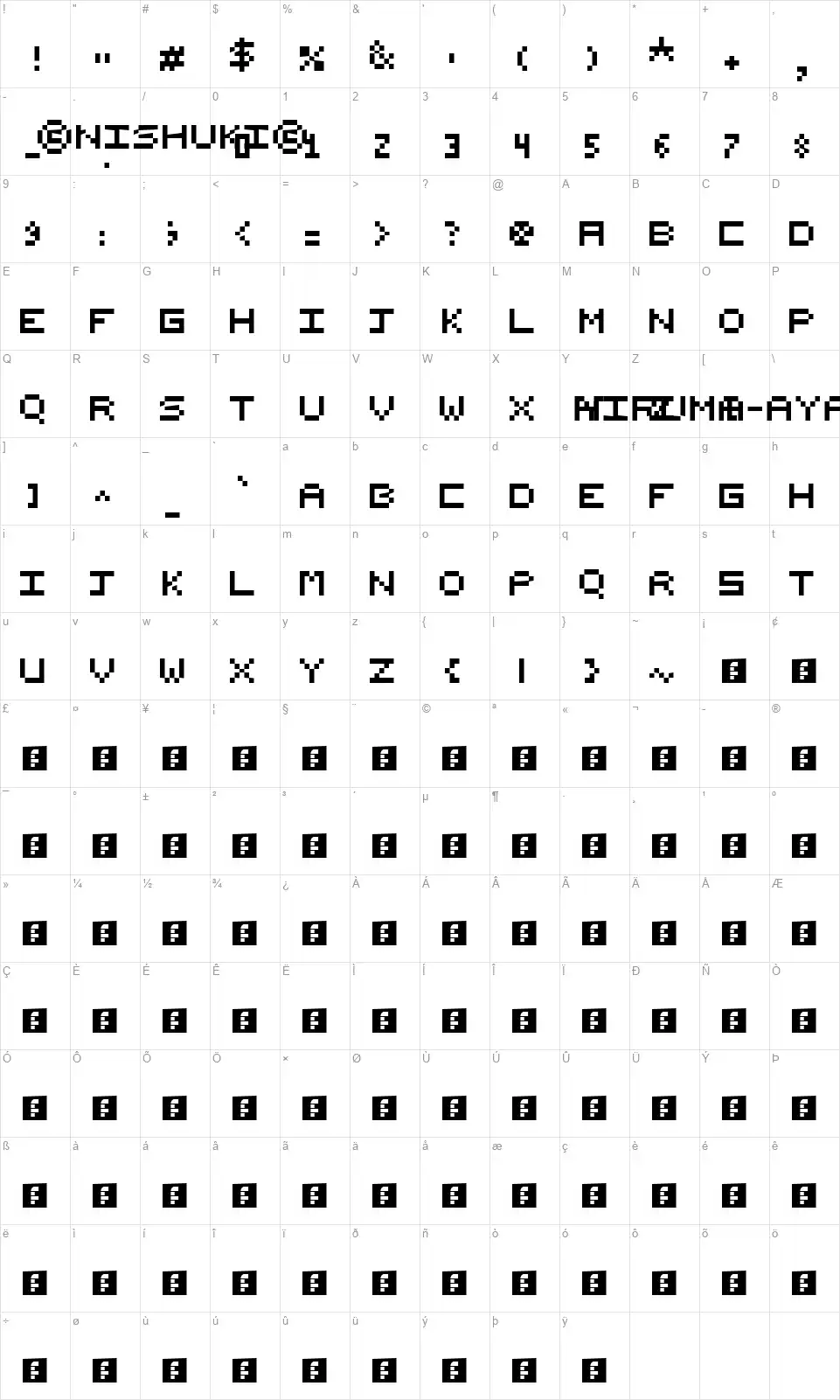 Nishuki pixelsfont character map