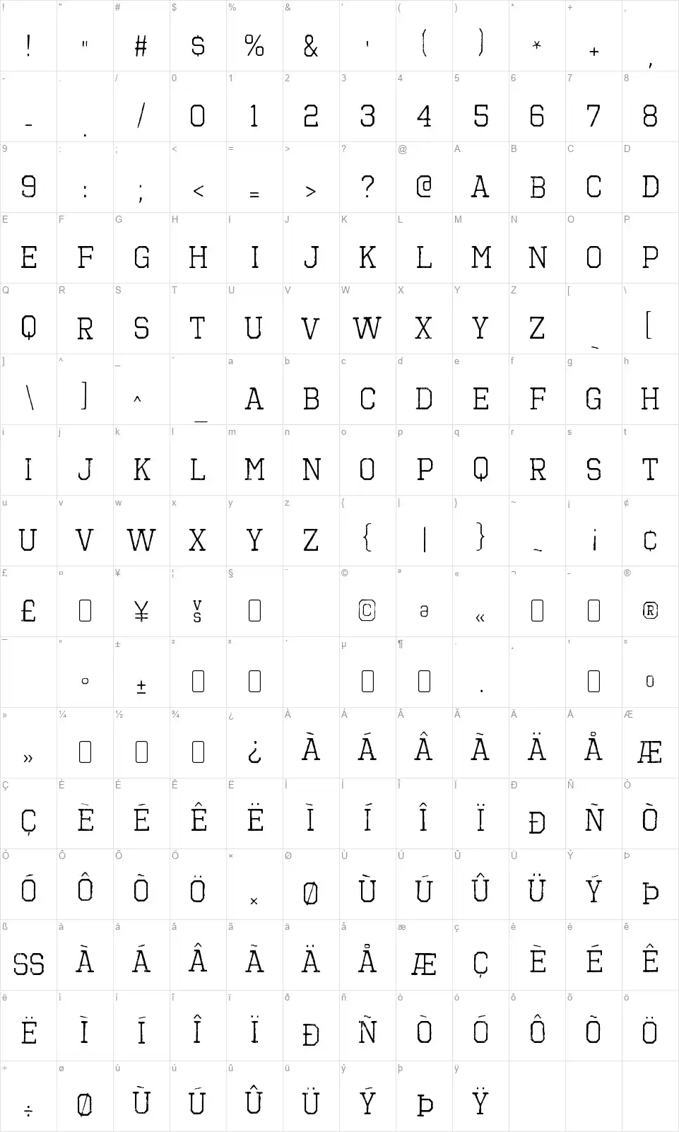 Octin Vintage Freefont character map