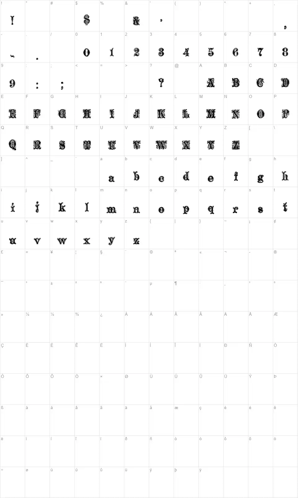 Ornamented, No. 1539 Mapa de caracteres Ornamented, No. 1539font character map