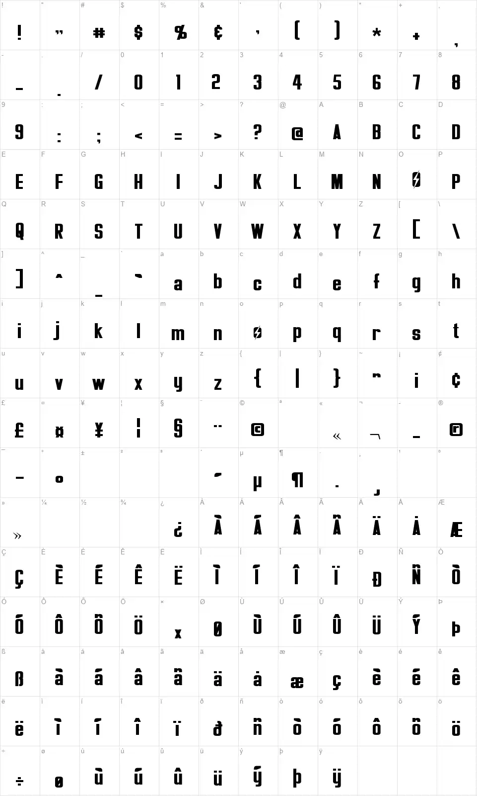Overseerfont character map