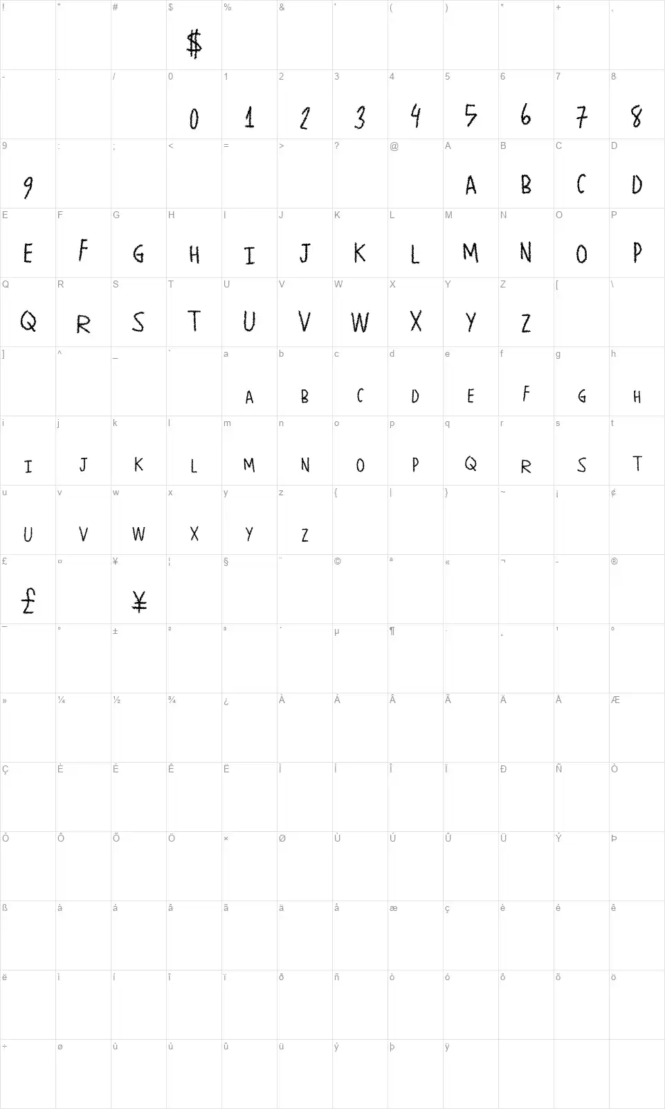 Paper Shreadsfont character map