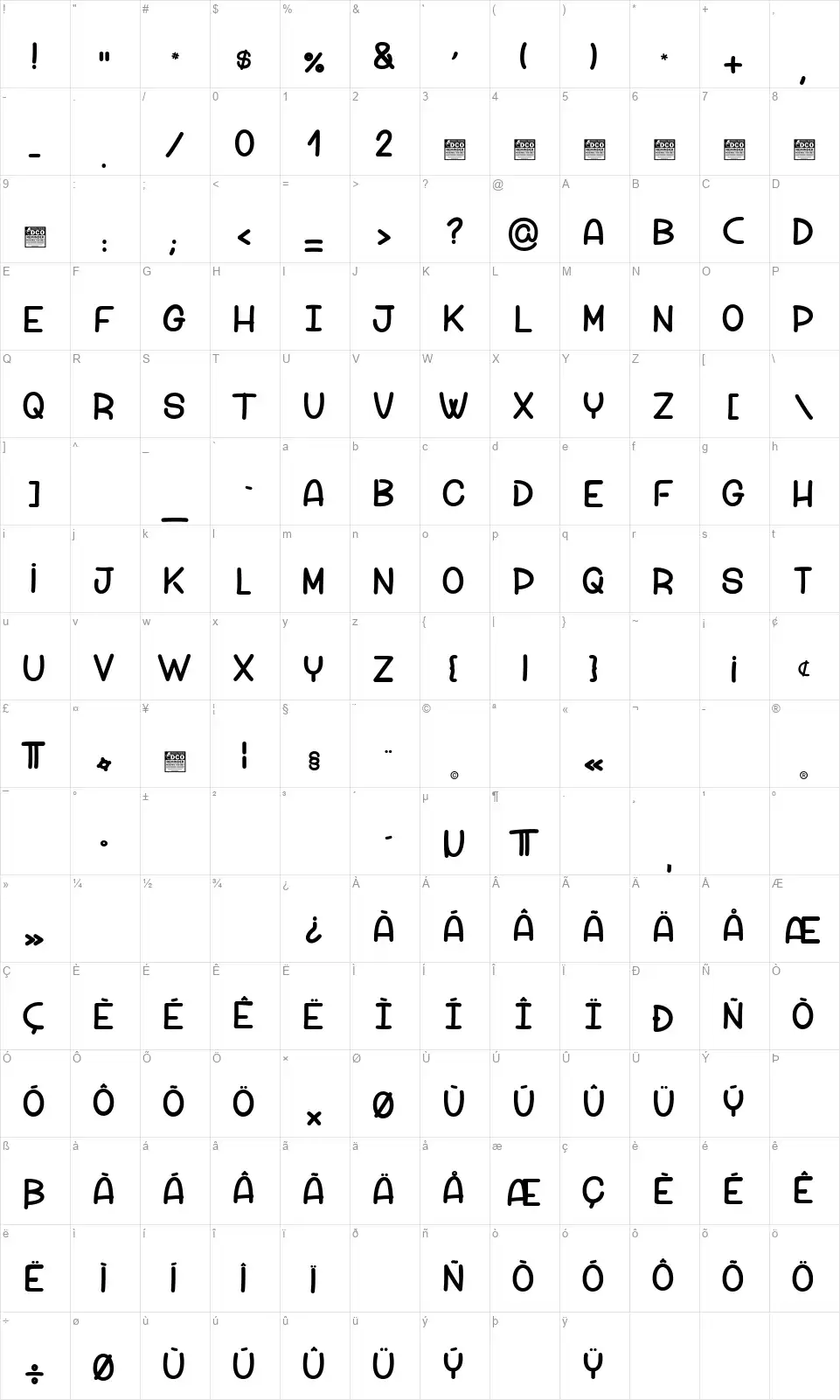 Peach Comixfont character map