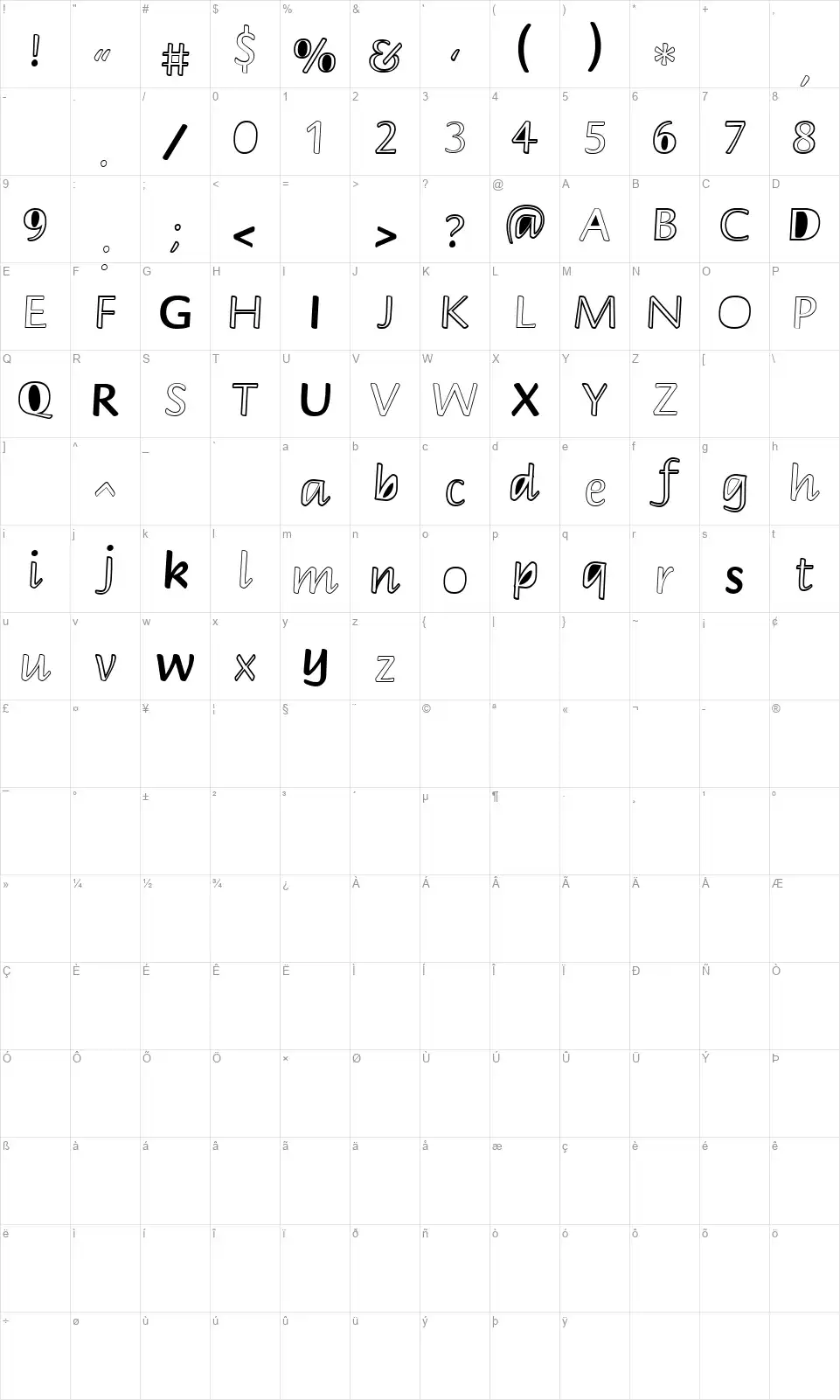 Peekaboo 2font character map
