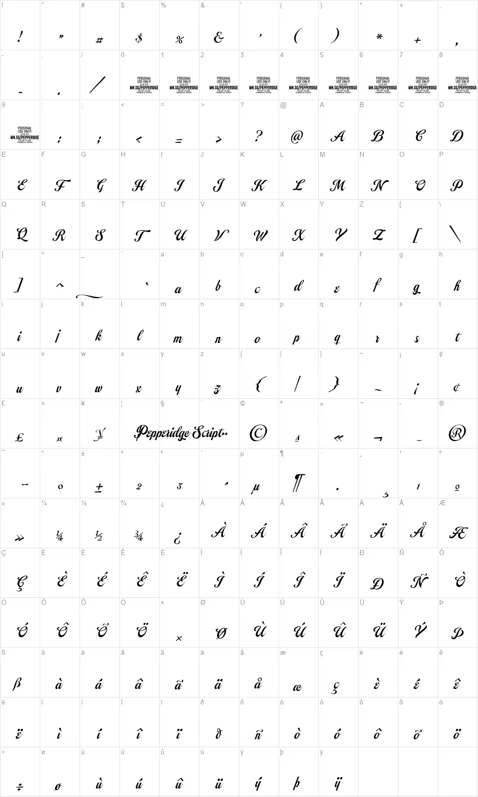Pepperidge Scriptfont character map