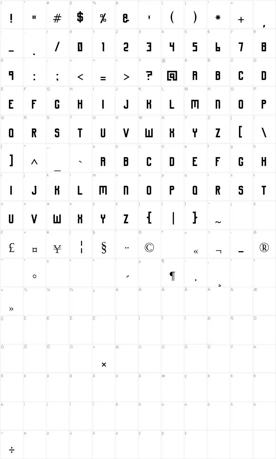 Piedmont Hillfont character map