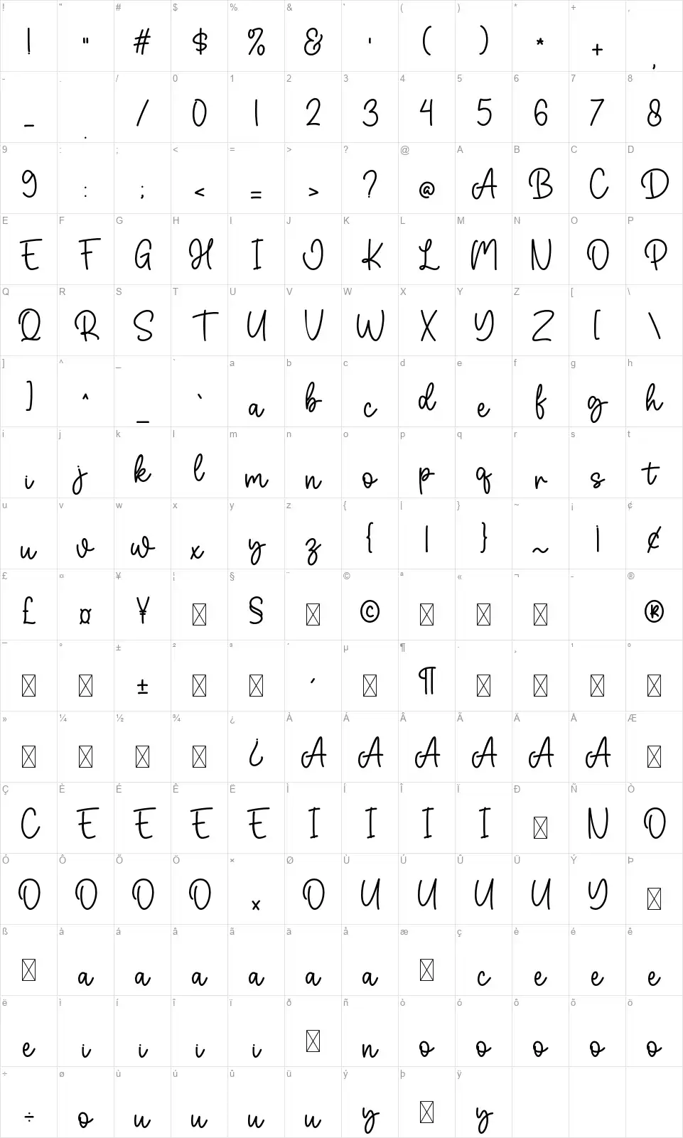 Pillow Talkfont character map