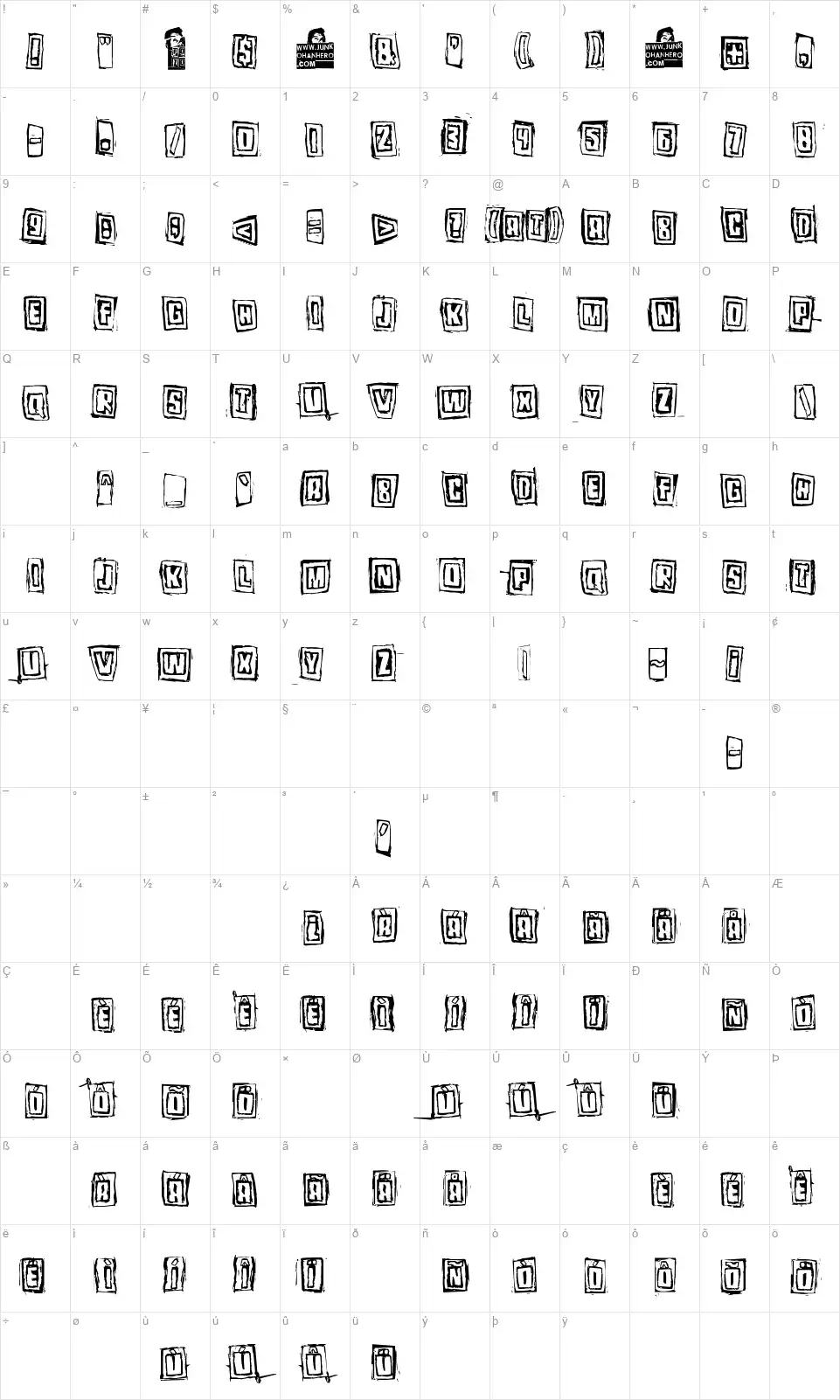 Pozofont character map