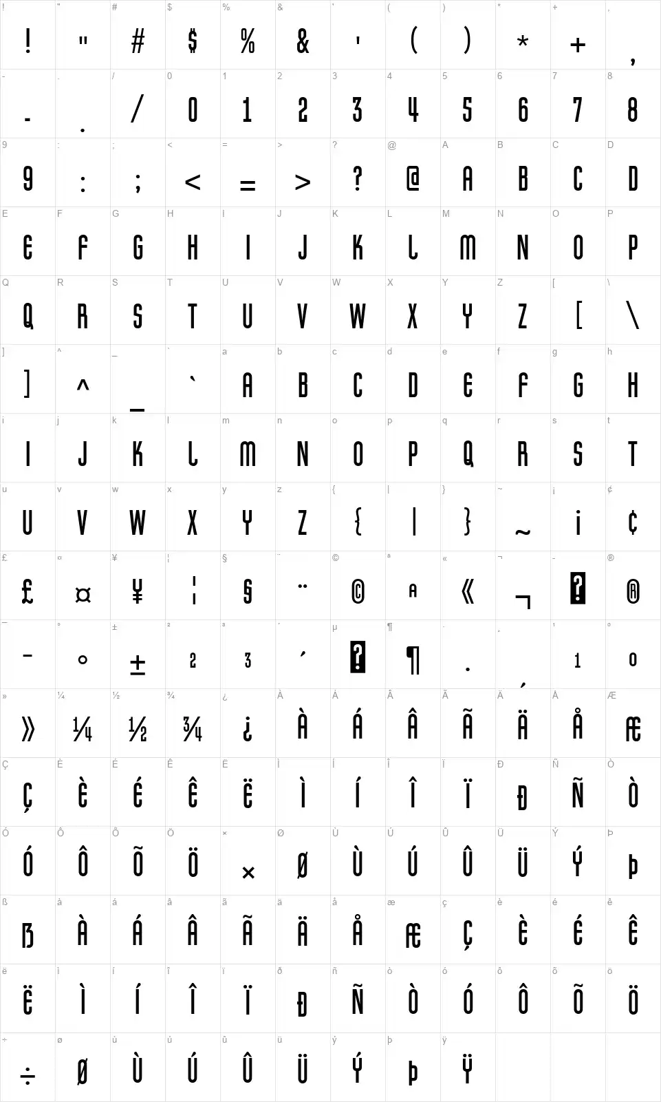 Pretenderfont character map