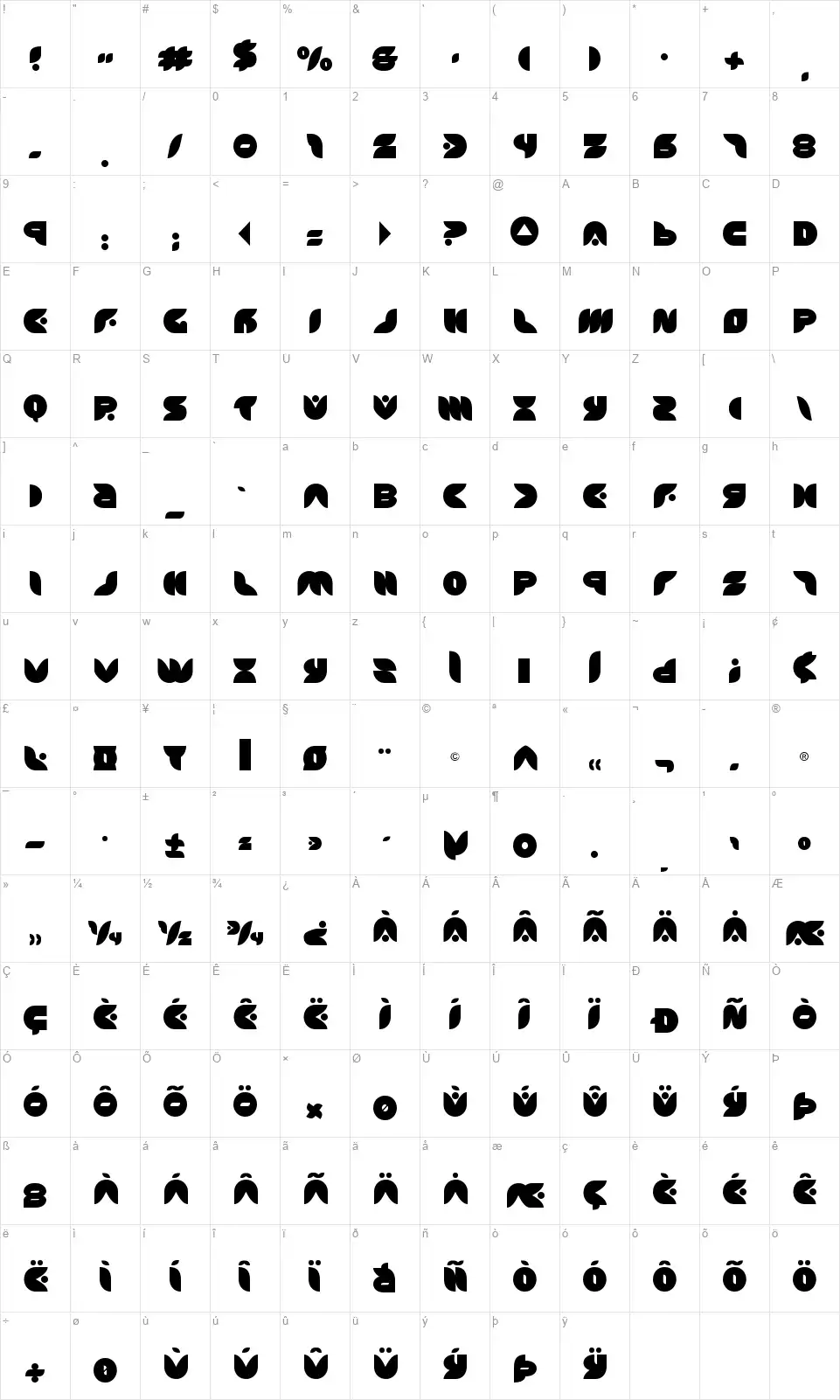 Puff Angelfont character map