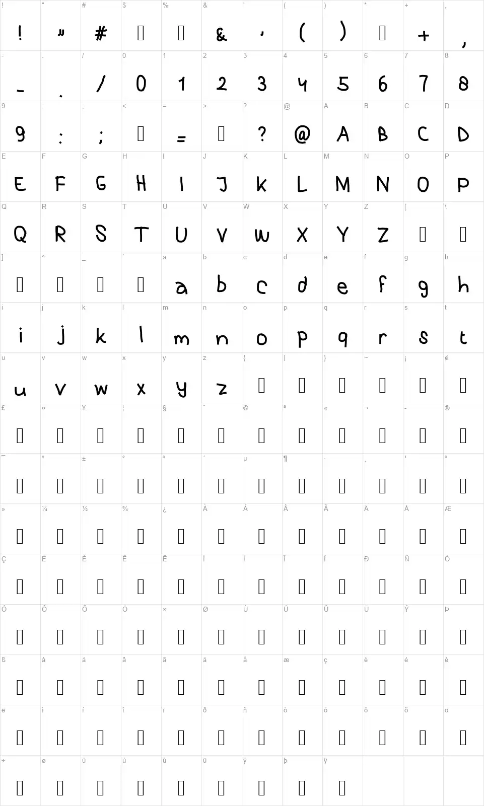 Purky Handwritingfont character map