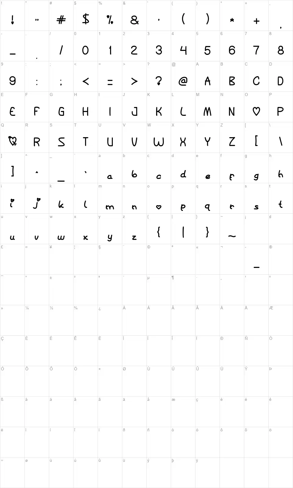 Queen of Lovefont character map
