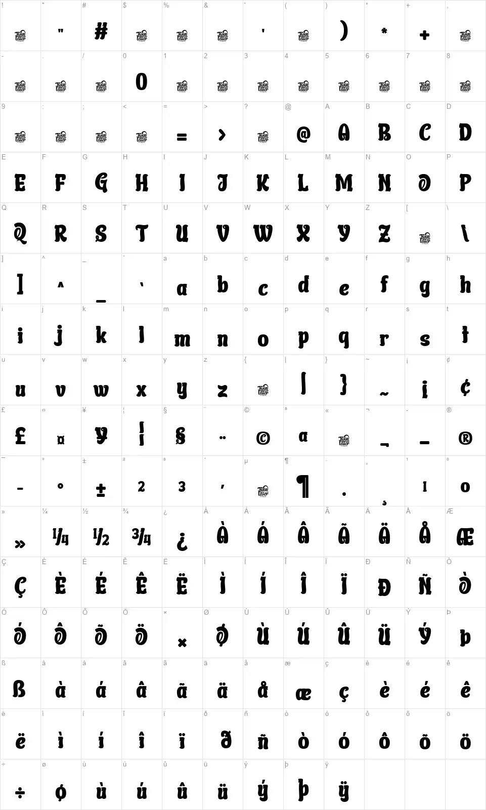 Qutcoyfont character map