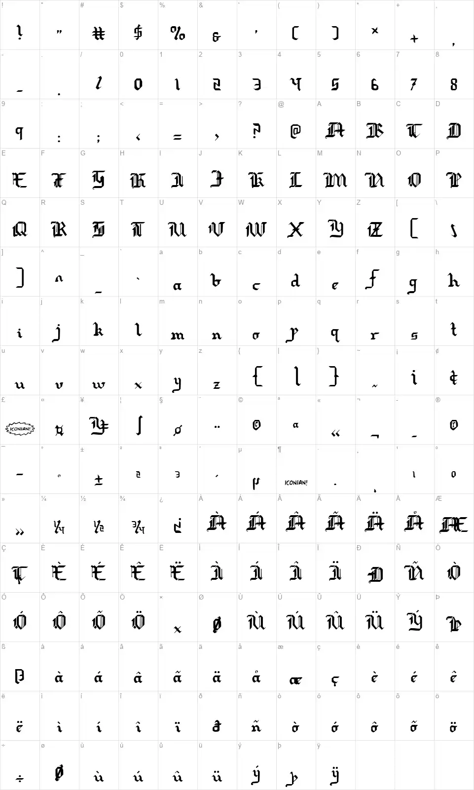 Redcoatfont character map