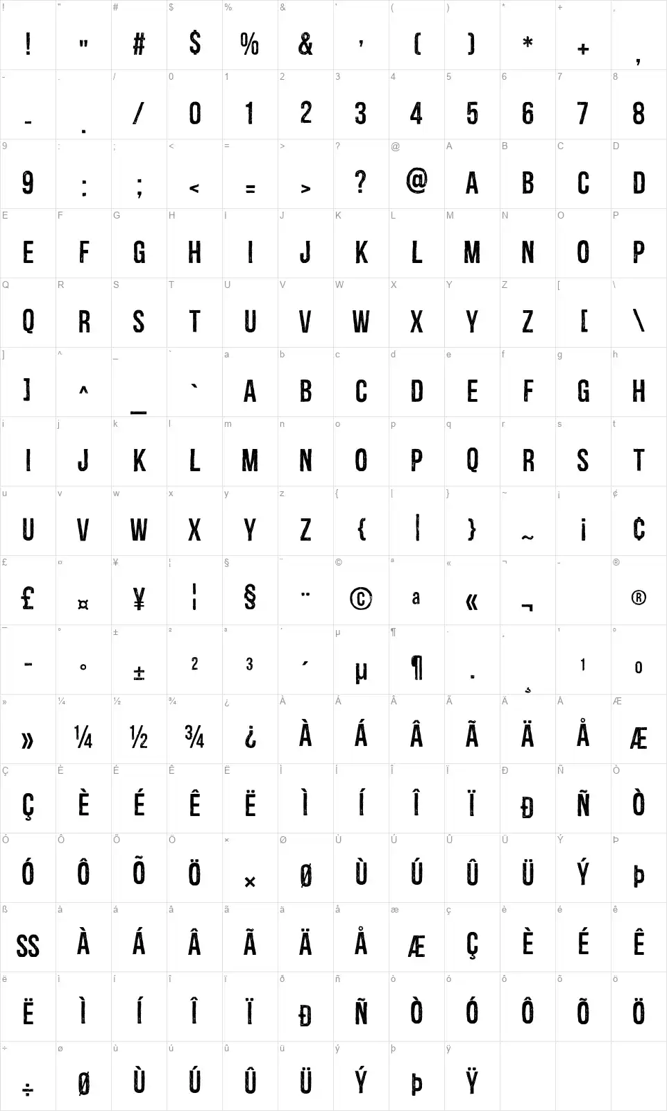 Redgarfont character map