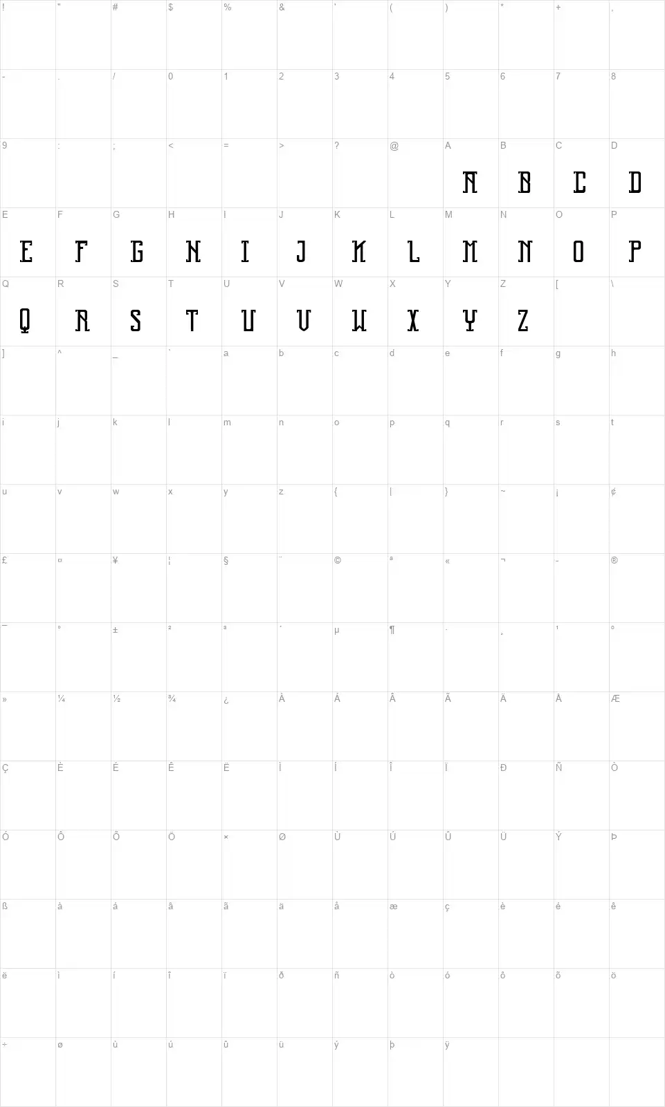 Reliquaryfont character map