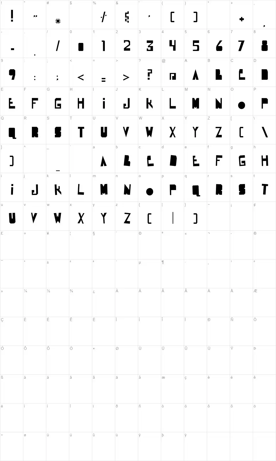 Robocadaver 1982font character map