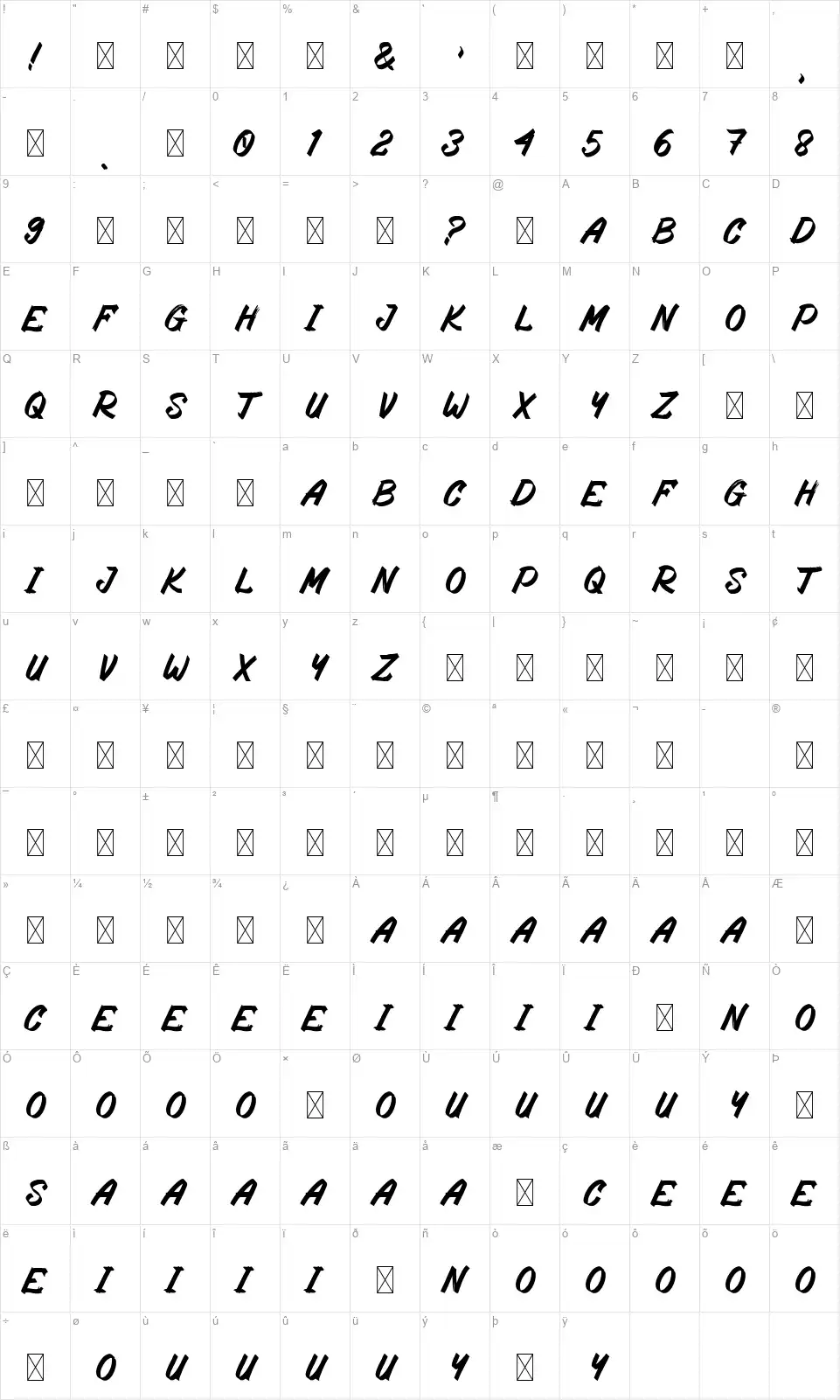 Rostering Brushfont character map