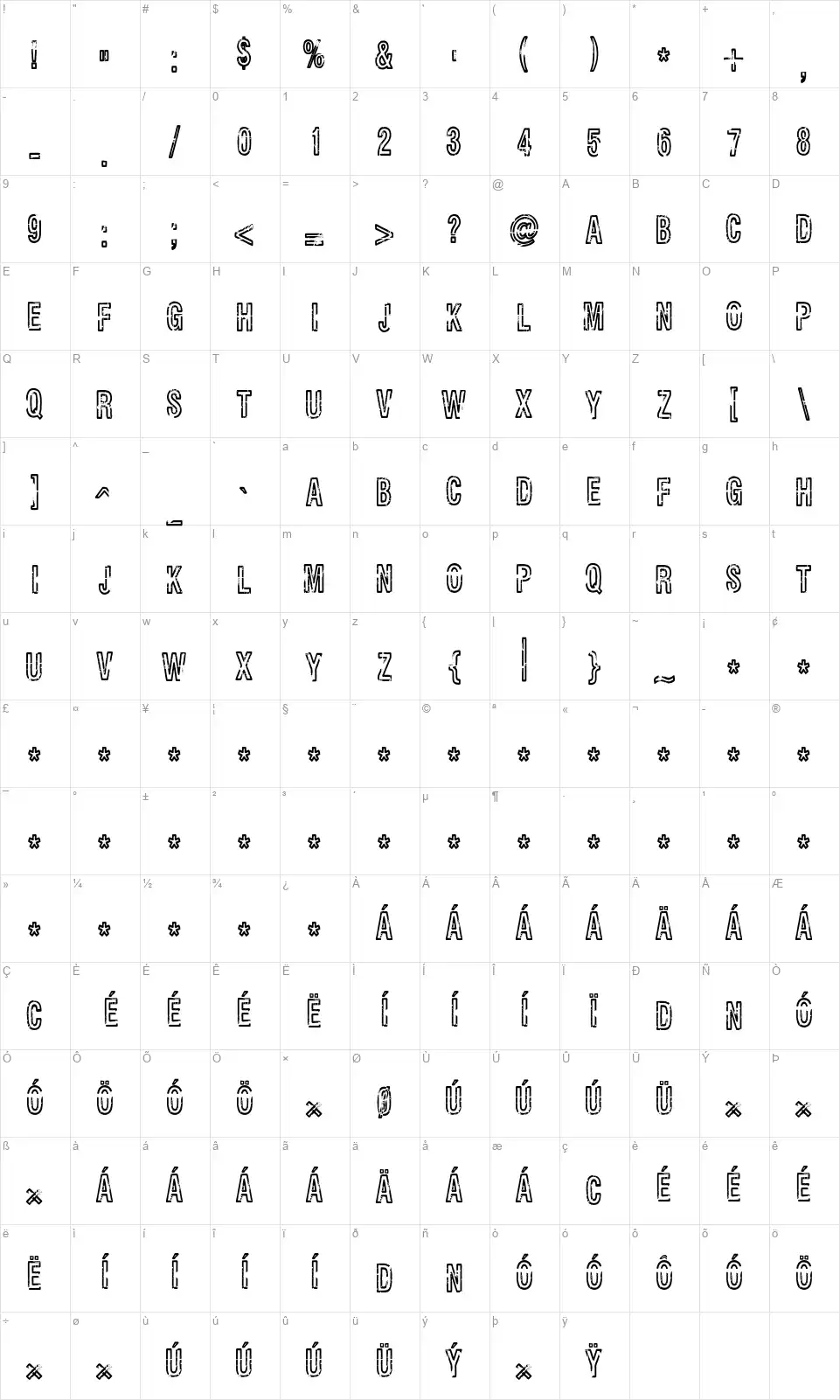Rueckwarzsaltofont character map