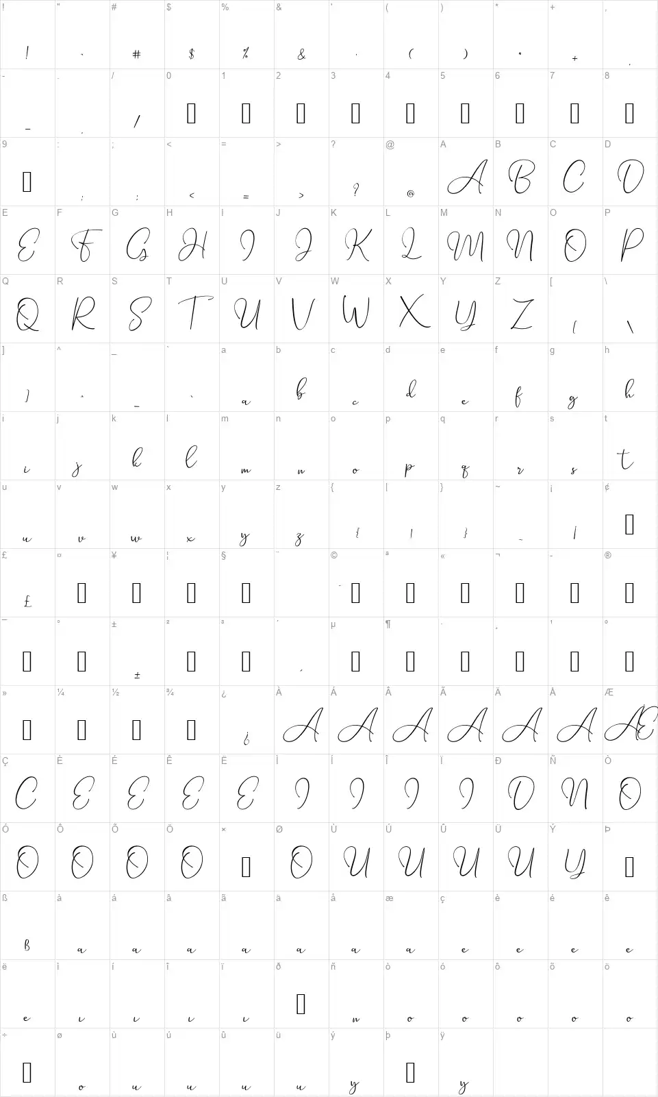 Seattle Scriptfont character map