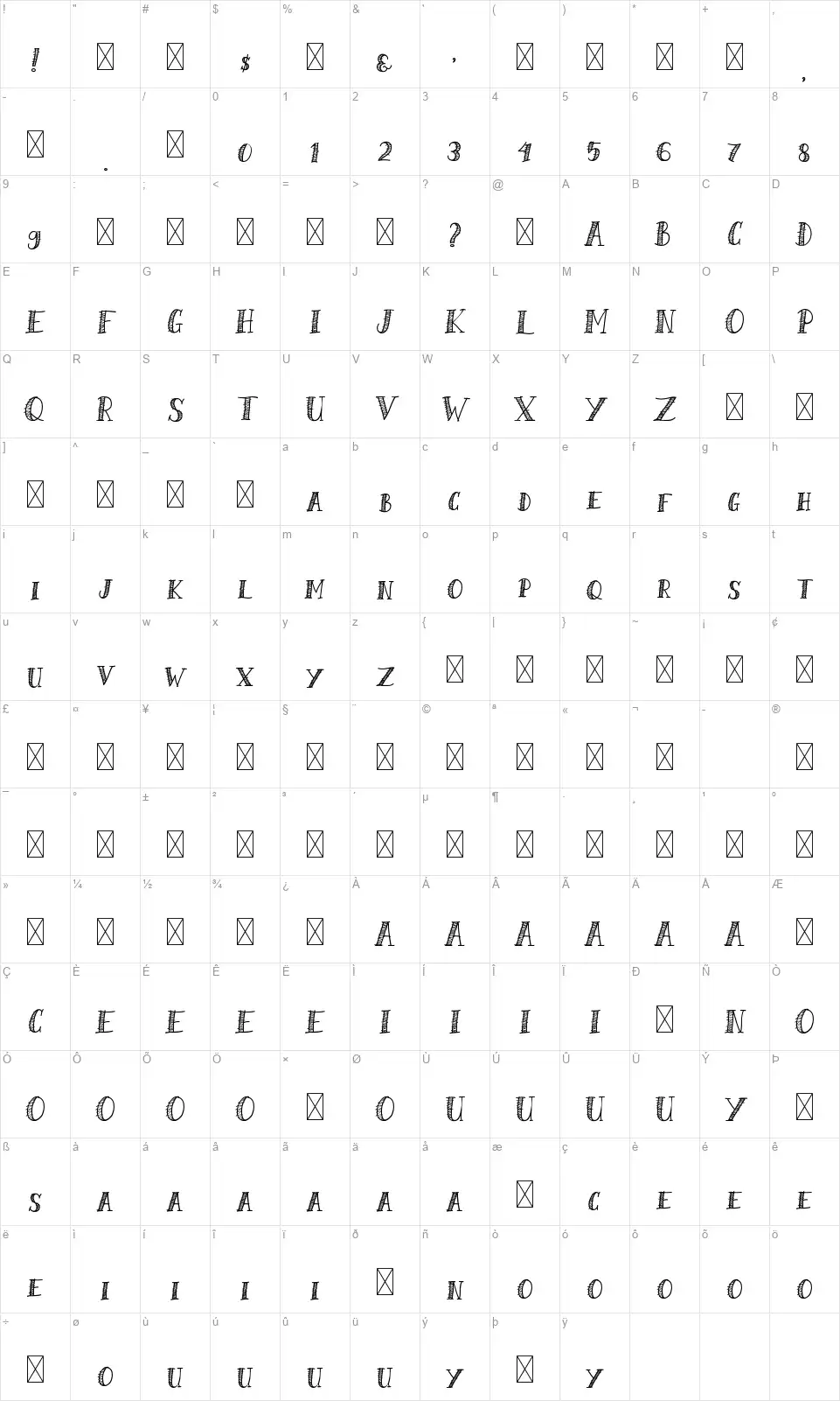 Shalmone Hunterfont character map