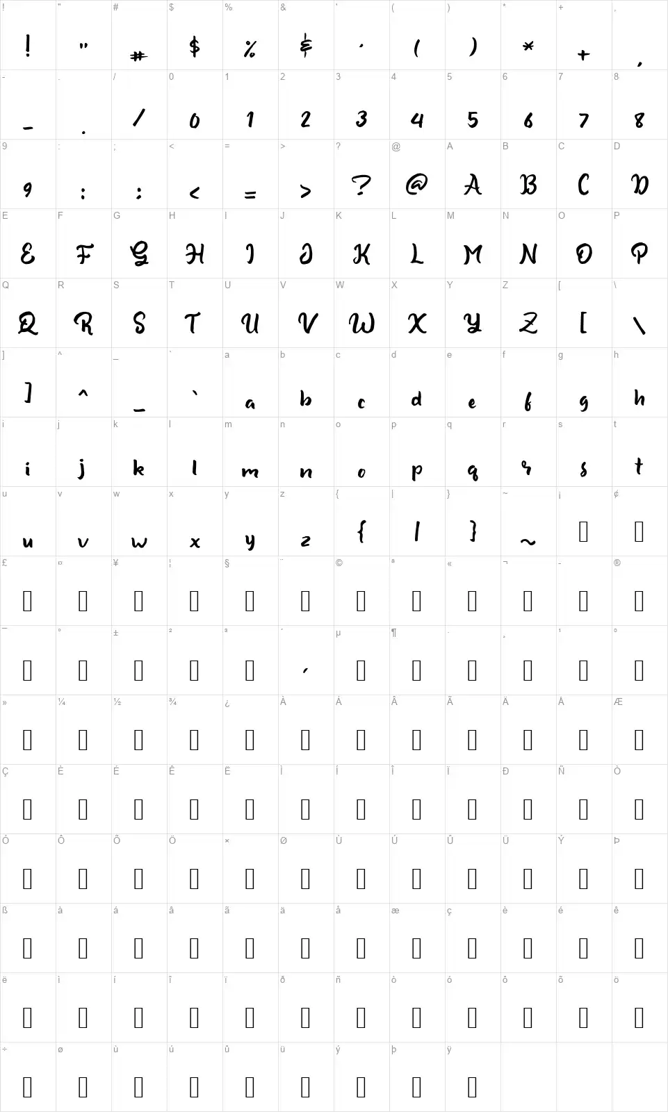 Shine Brushfont character map