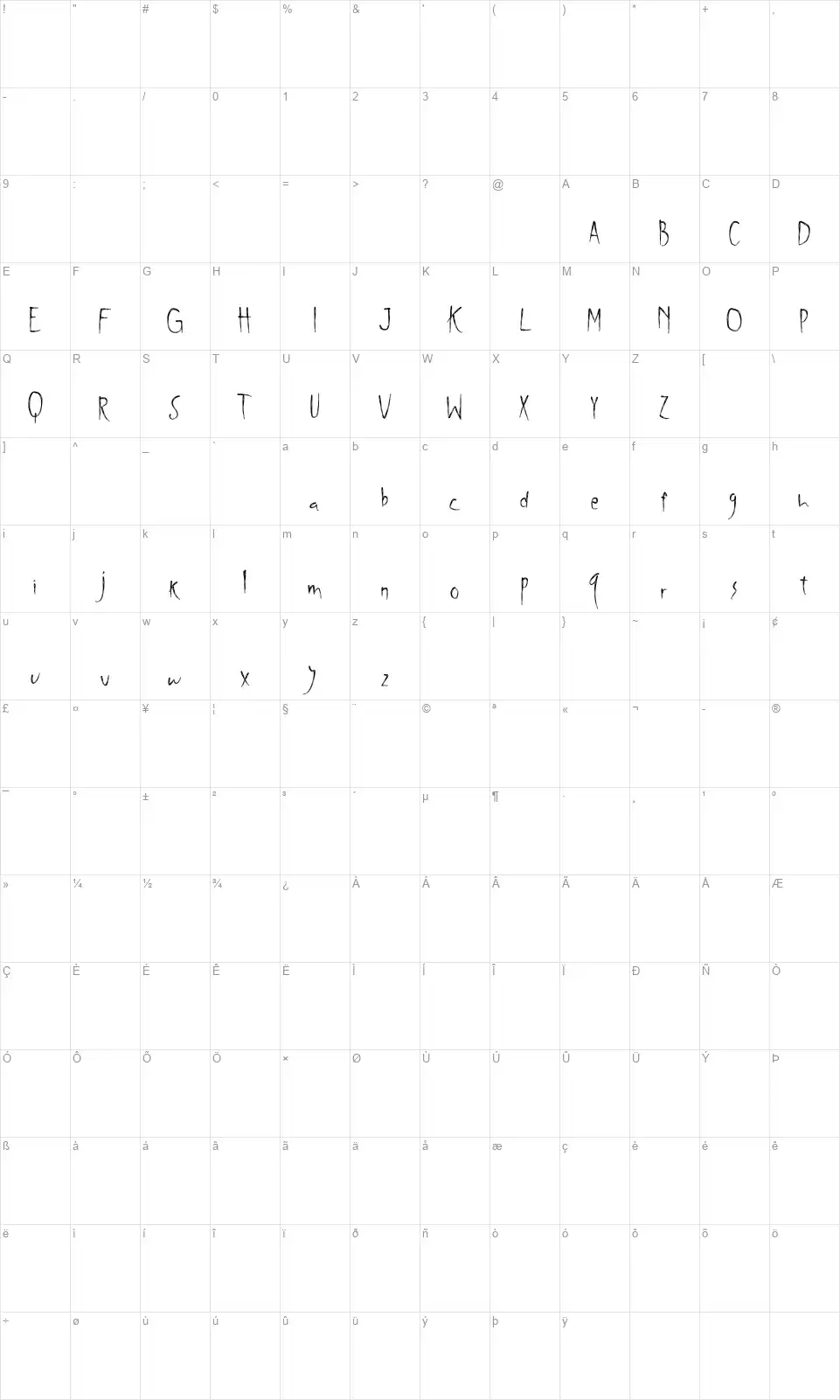 Shywill Seenfont character map