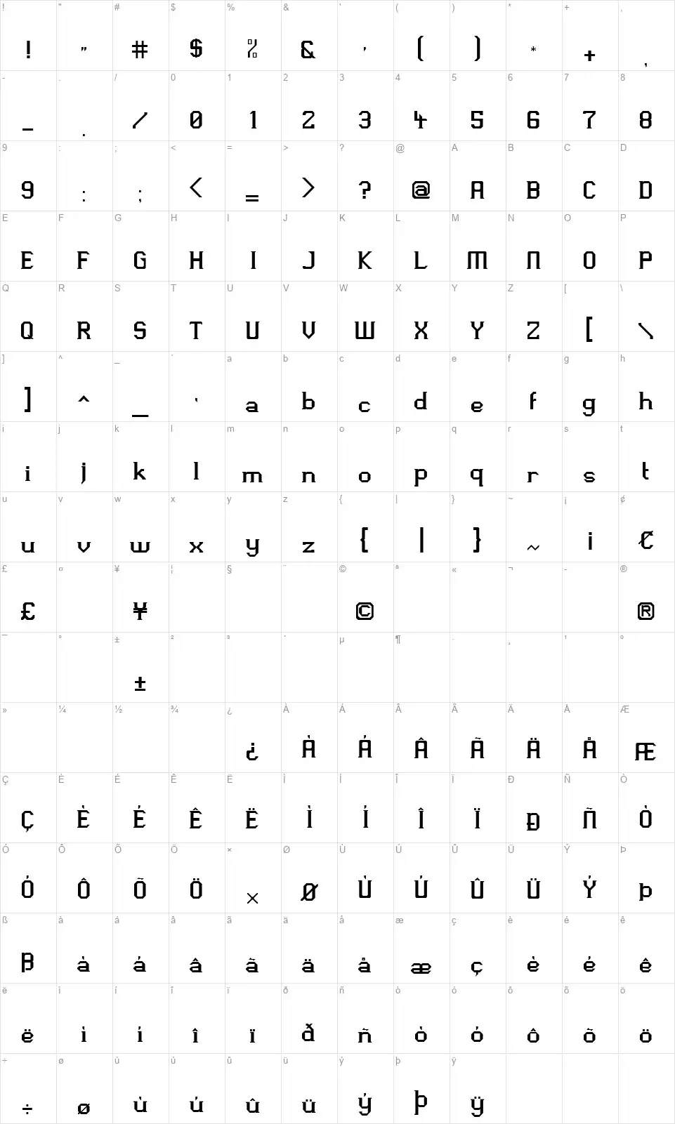 SL PiXLfont character map