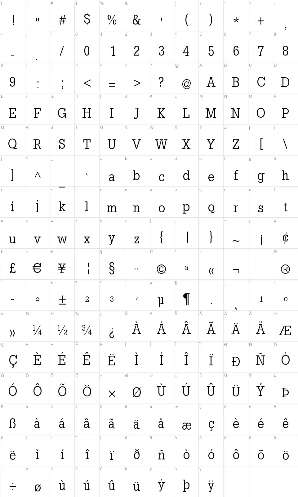 Slab Tall Xfont character map